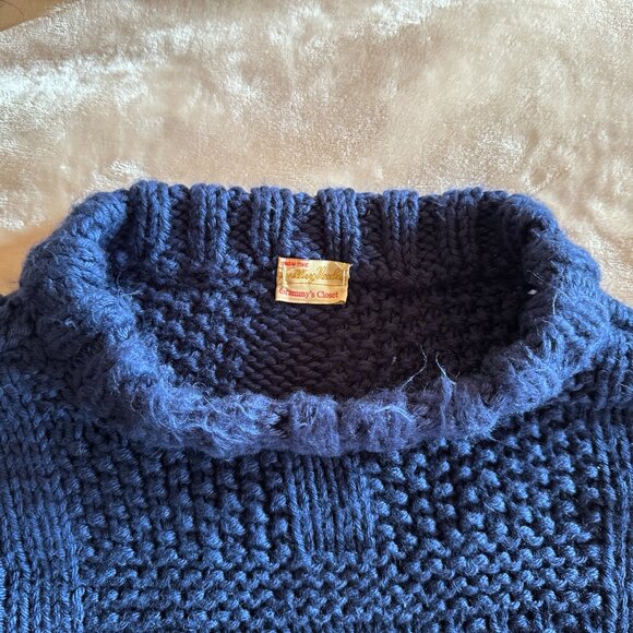 Handmade Handknit Basketweave Stitch Blue Chunky Mock Neck Textured Sweater W 2X - Picture 3 of 11